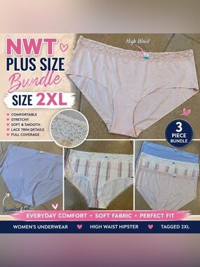 NWT Plus Size 2XL Panty Bundle 3 Pc Lace Hipster Seamless Underwear